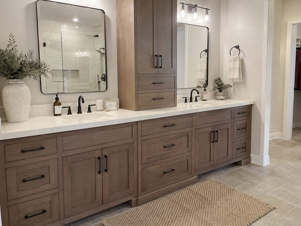 Custom double bathroom vanity in walnut with a white quartz top and framed mirrors