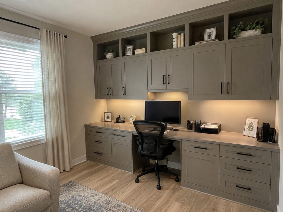 Built-in home office cabinets with a desk run, upper shelving, and file drawers