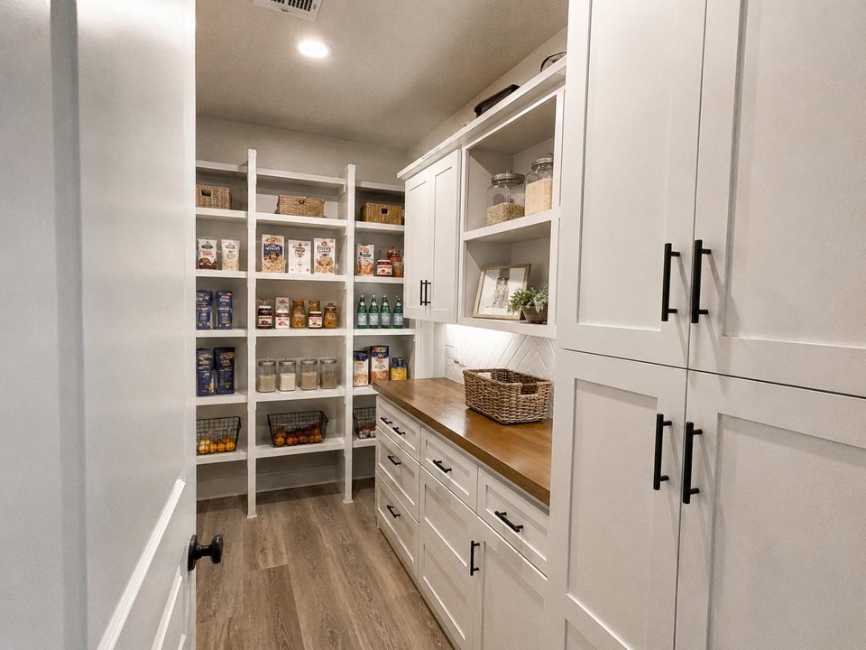 Walk-in pantry with floor-to-ceiling shelving, a butcher block counter, and pull-out storage